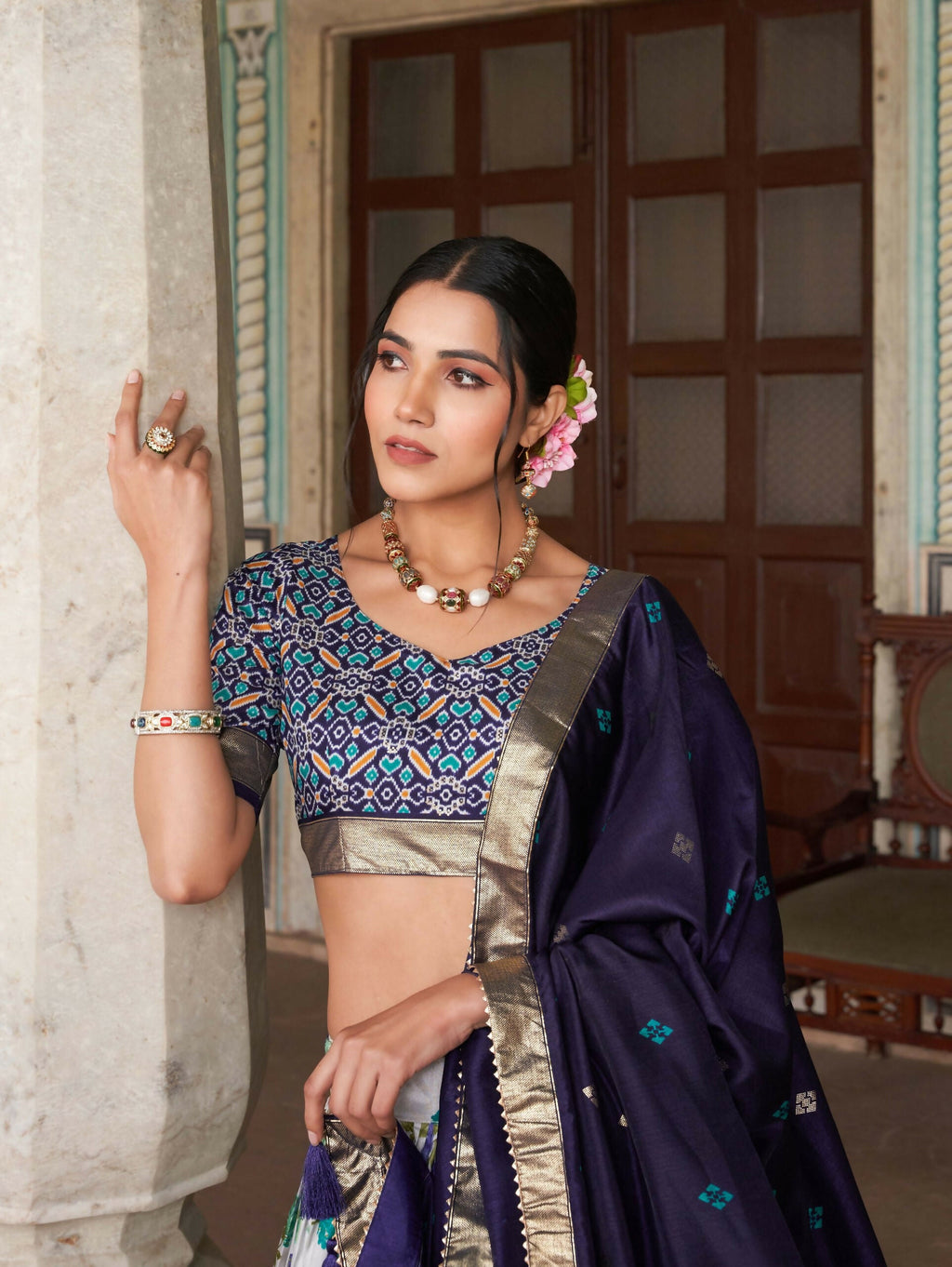 Vastranavya Exquisite Tussar Silk Lehenga Set With Perfect Floral And Patola Print Design Lehenga Choli - Navy Blue | Grocsy