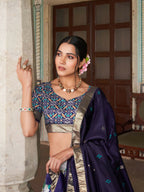 Vastranavya Exquisite Tussar Silk Lehenga Set With Perfect Floral And Patola Print Design Lehenga Choli - Navy Blue | Grocsy