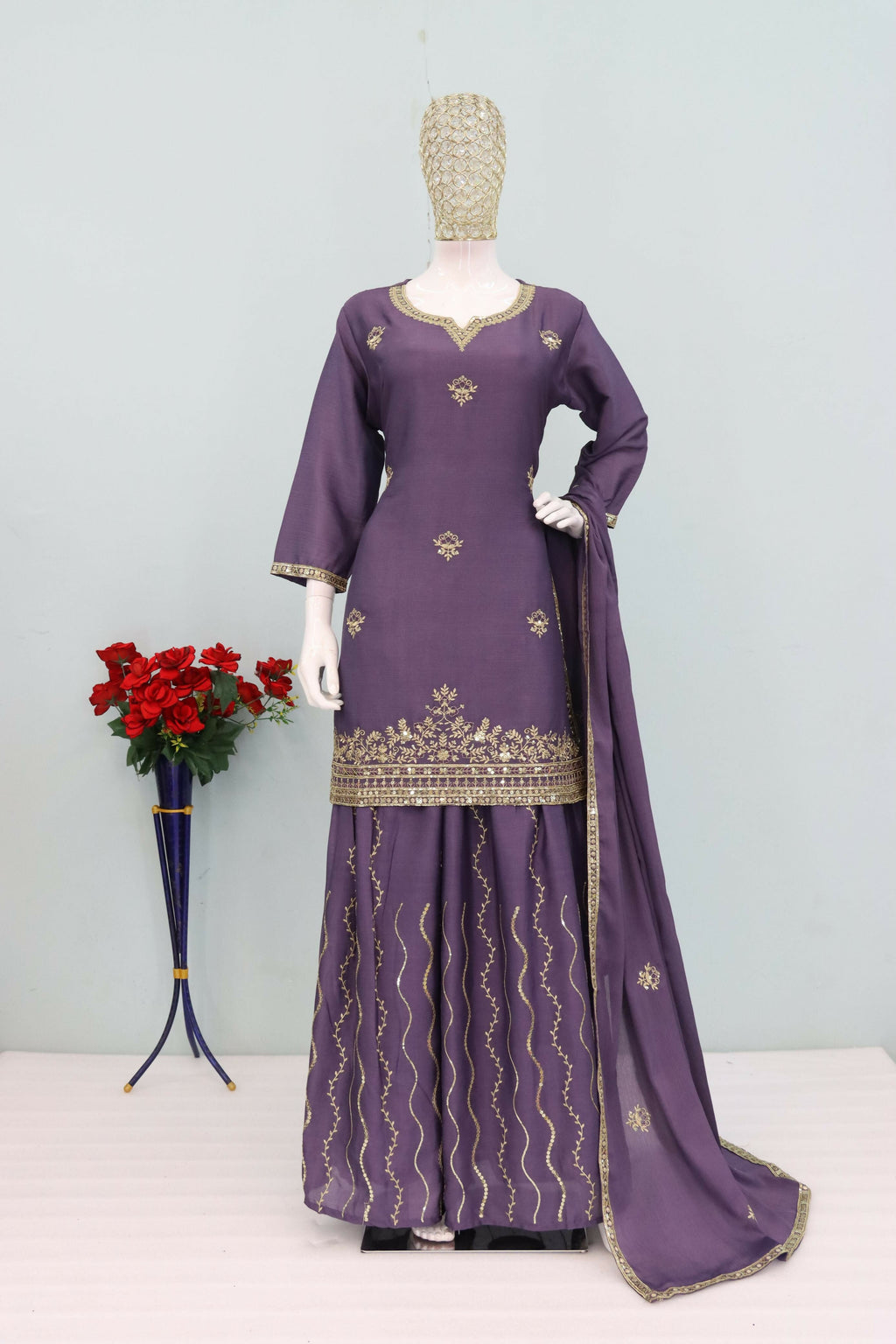 Teeya Creation Onion Color Chinon Silk Heavy Embroidery Work Party Wear Palazzo Set | Grocsy