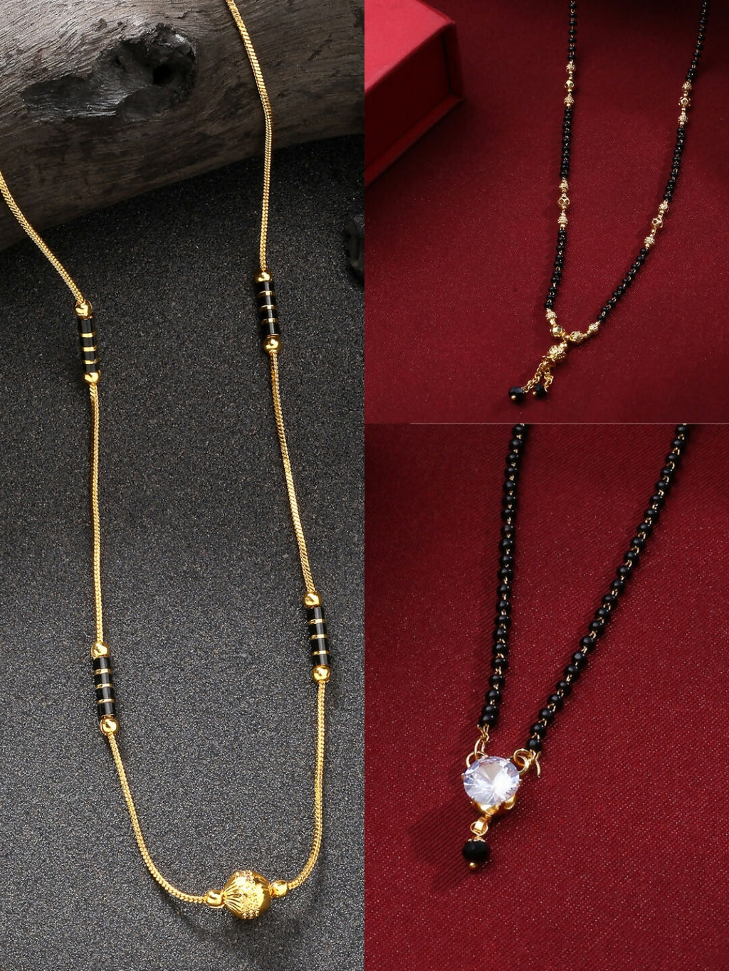 NVR Women's Set of 3 Gold-Polished CZ Stone-Studded & Beaded Mangalsutra | Grocsy