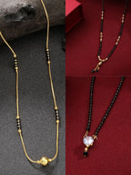 NVR Women's Set of 3 Gold-Polished CZ Stone-Studded & Beaded Mangalsutra | Grocsy