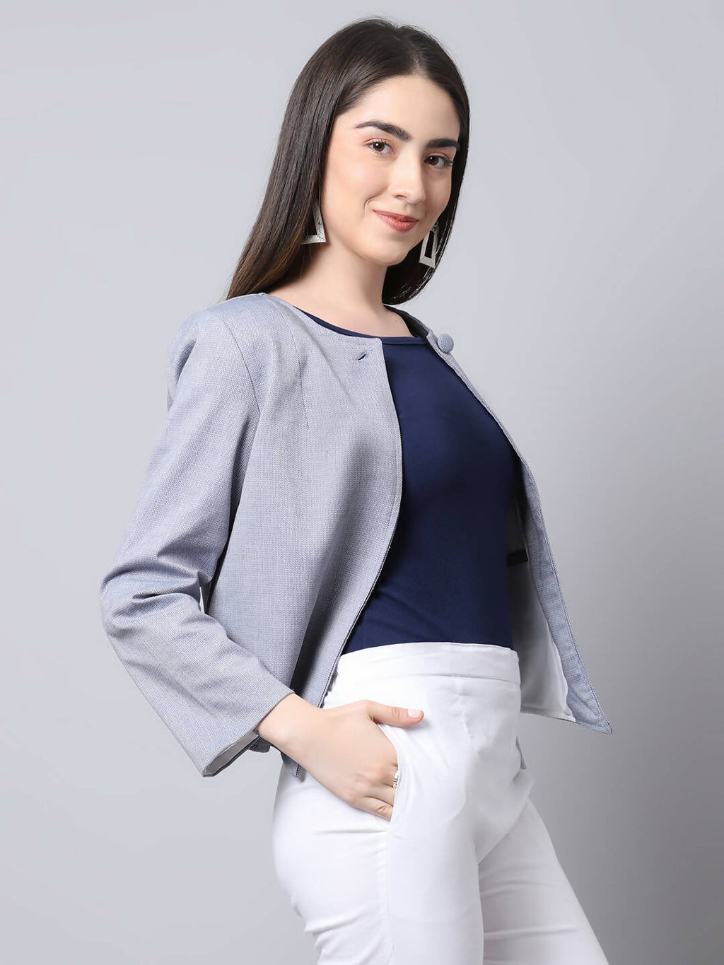Even Apparels Grey Polywool Open Front Statement Women's Jacket (BF740) | Grocsy