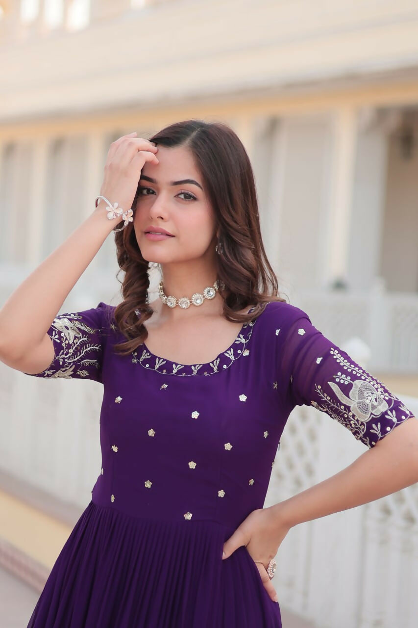Vastranavya Premium Designer Faux Blooming with Embroidery Zari Sequins work Gown - Purple | Grocsy