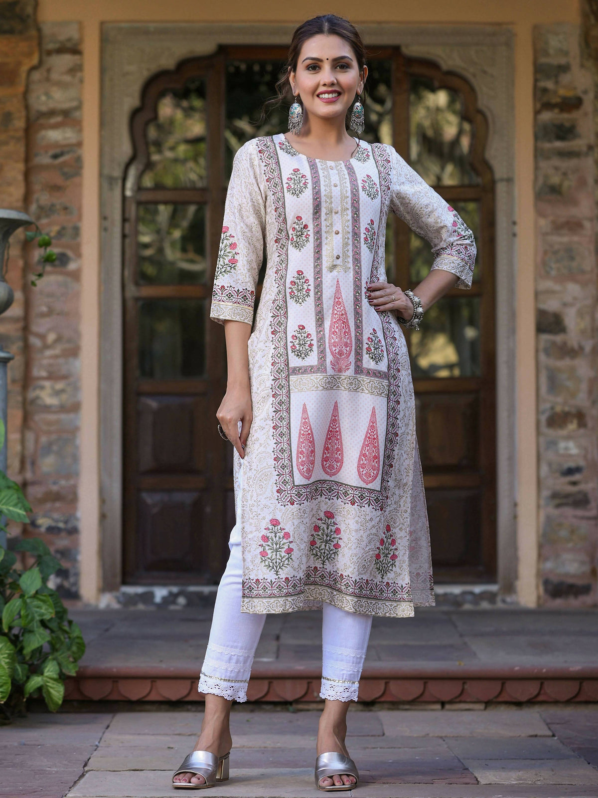 Juniper Women's Pink Viscose Shantoon Festive Printed Straight Kurta | Grocsy