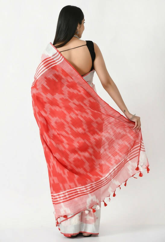 Mominos Fashion Moeza White & Red Bhagalpuri Handloom Ikat Pure Cotton Saree with unstitched Blouse piece | Grocsy