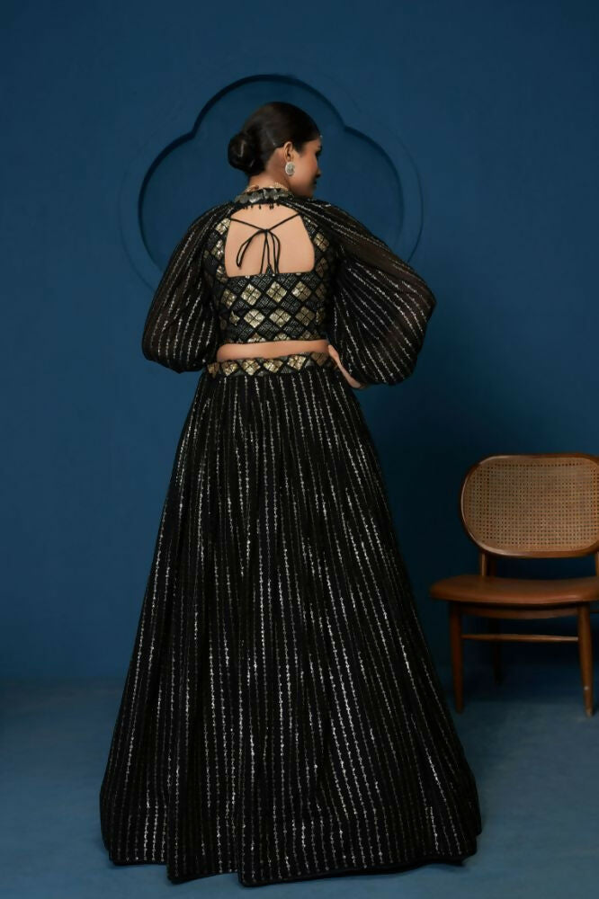 Black Sequence Work Georgette Crop Top Type Full Sleeve Lehenga Choli - Jihu Culture | Grocsy