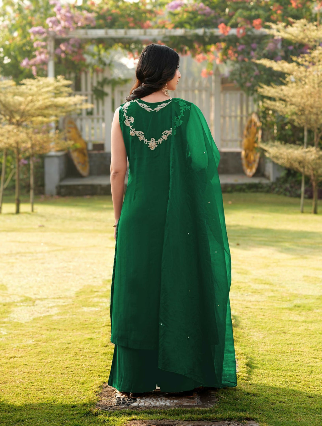 Nikhaar Green Embroidered Art Silk Stitched A Line Kurta Palazzo Dupatta Readymade Suit | Grocsy