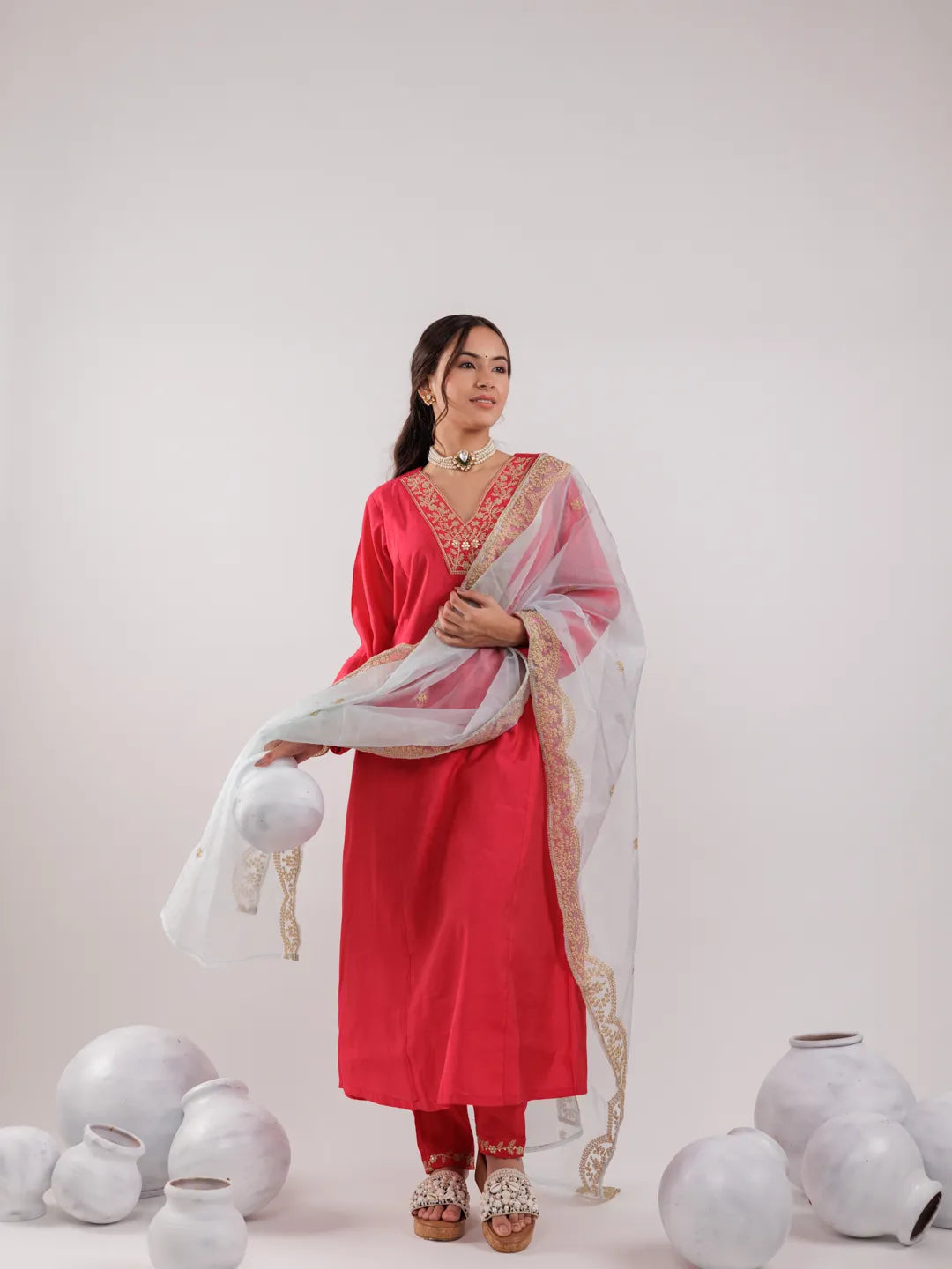 Yufta Fuchsia Silk Embroidered Kurta Dupatta Set | Grocsy