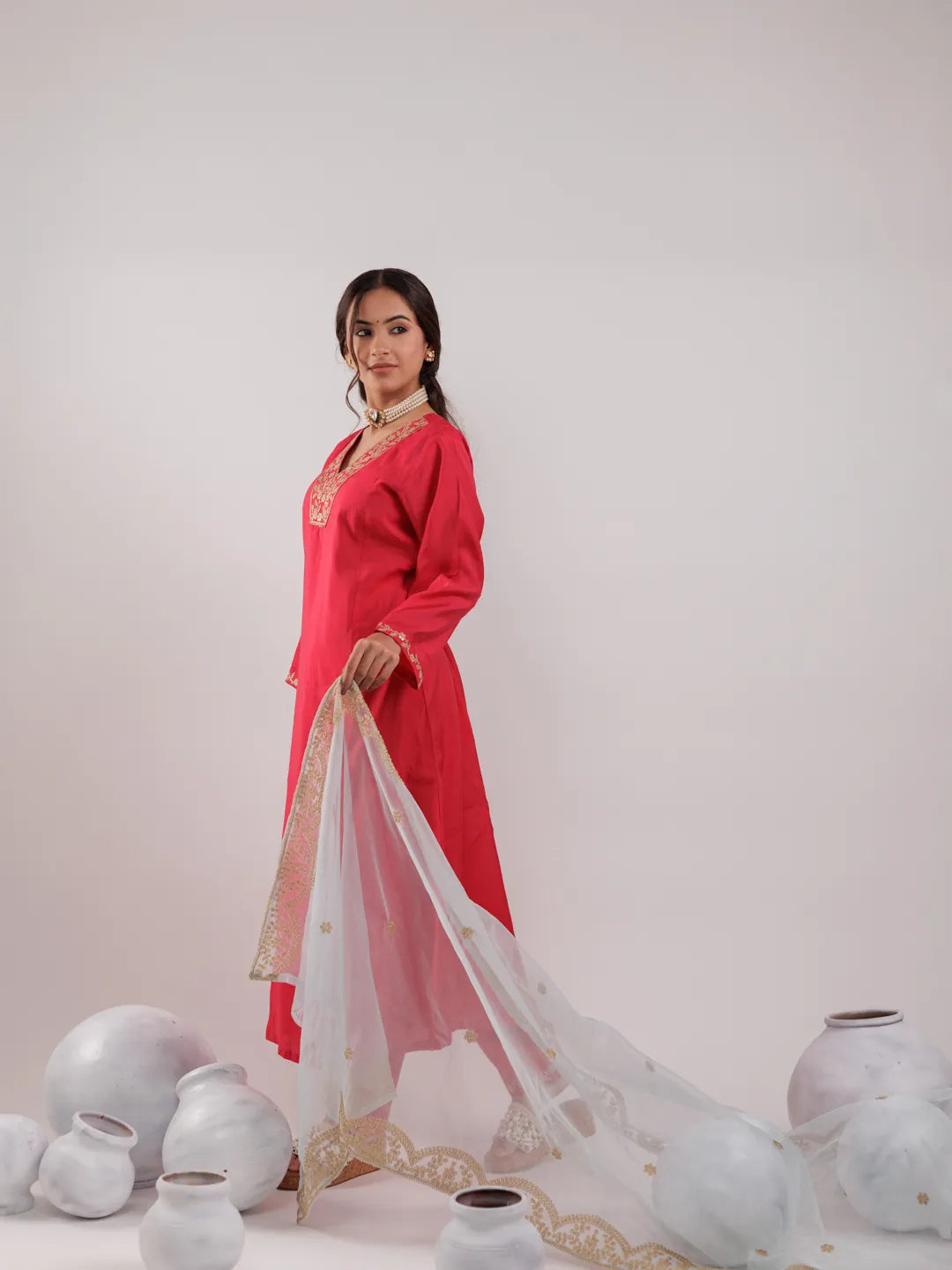 Yufta Fuchsia Silk Embroidered Kurta Dupatta Set | Grocsy