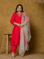 Yufta Fuchsia Silk Embroidered Plus Size Kurta Dupatta Set | Grocsy