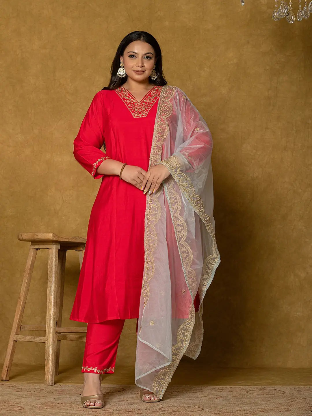 Yufta Fuchsia Silk Embroidered Plus Size Kurta Dupatta Set | Grocsy