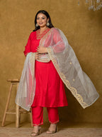 Yufta Fuchsia Silk Embroidered Plus Size Kurta Dupatta Set | Grocsy