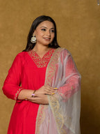 Yufta Fuchsia Silk Embroidered Plus Size Kurta Dupatta Set | Grocsy