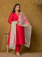 Yufta Fuchsia Silk Embroidered Plus Size Kurta Dupatta Set | Grocsy