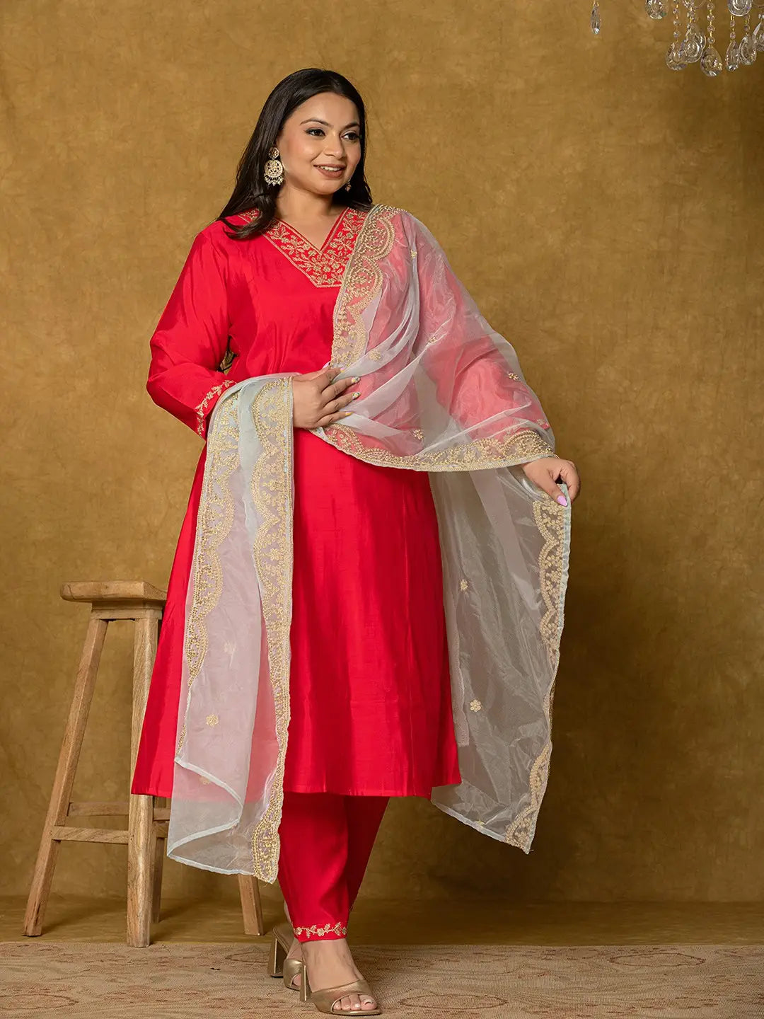 Yufta Fuchsia Silk Embroidered Plus Size Kurta Dupatta Set | Grocsy
