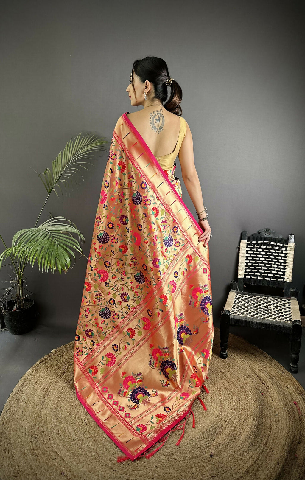 Joban Fashion Golden-Orange Intricate Floral & Leaf Soft Silk Paithani Saree | Grocsy