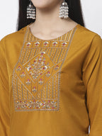 Myshka Women Mustard Viscose Embroidered 3/4 Sleeve Round Neck Kurta Pant Dupatta Set | Grocsy