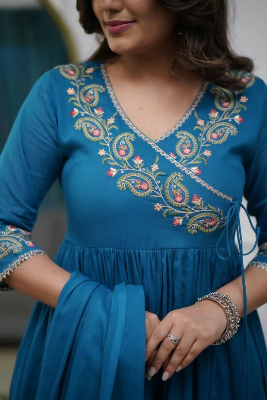 The52 Petrol Women's Beautiful Parampara Fabric Embroidered Work Flared Kurta Pant and Dupatta Set | Grocsy