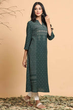 Juniper Women Jade Green Rayon Slub Bandhani Printed A-Line Kurta | Grocsy