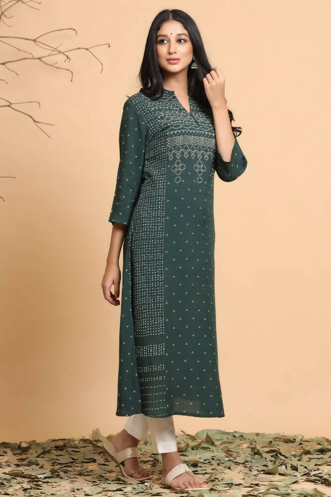 Juniper Women Jade Green Rayon Slub Bandhani Printed A-Line Kurta | Grocsy