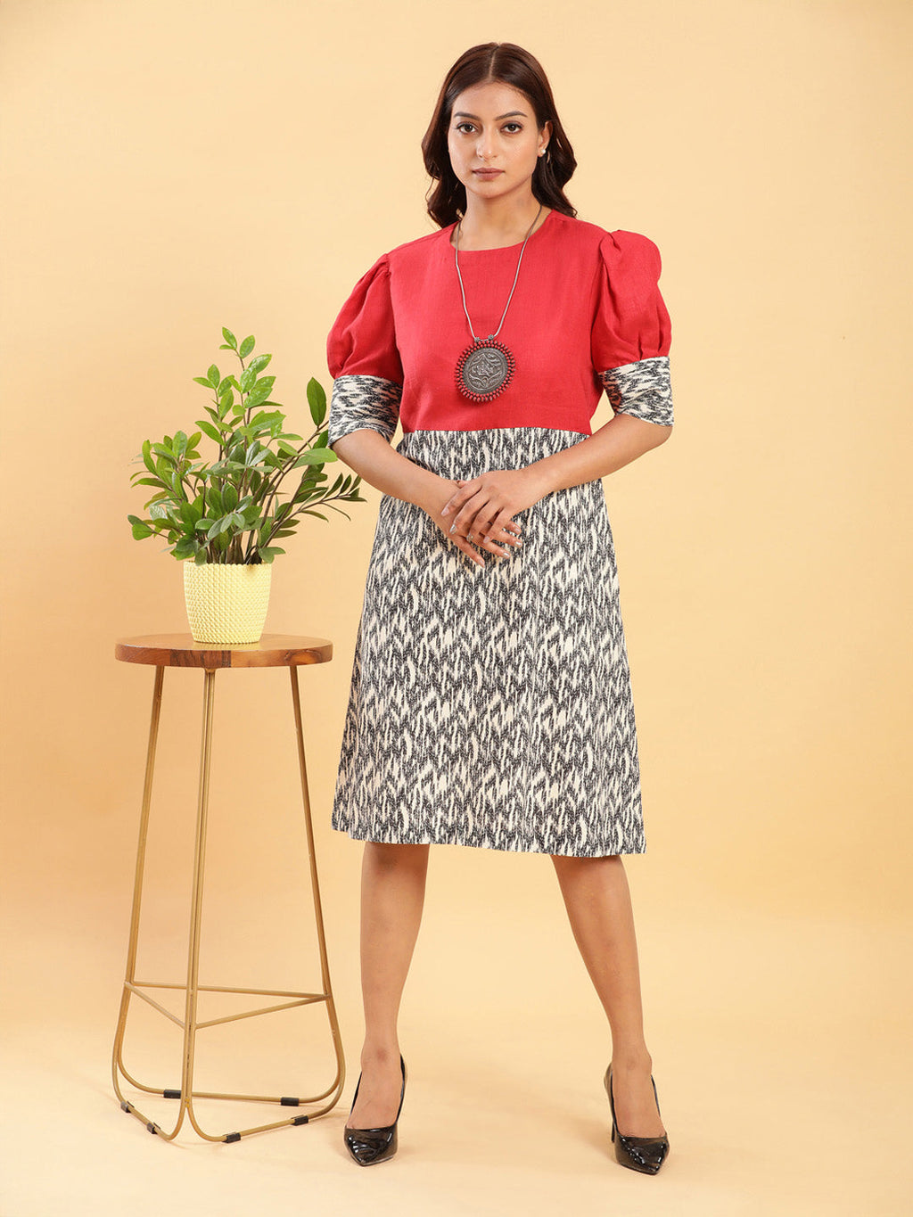BohoJazz Fusion Ikkat and Red Linen Sheath Dress | Grocsy