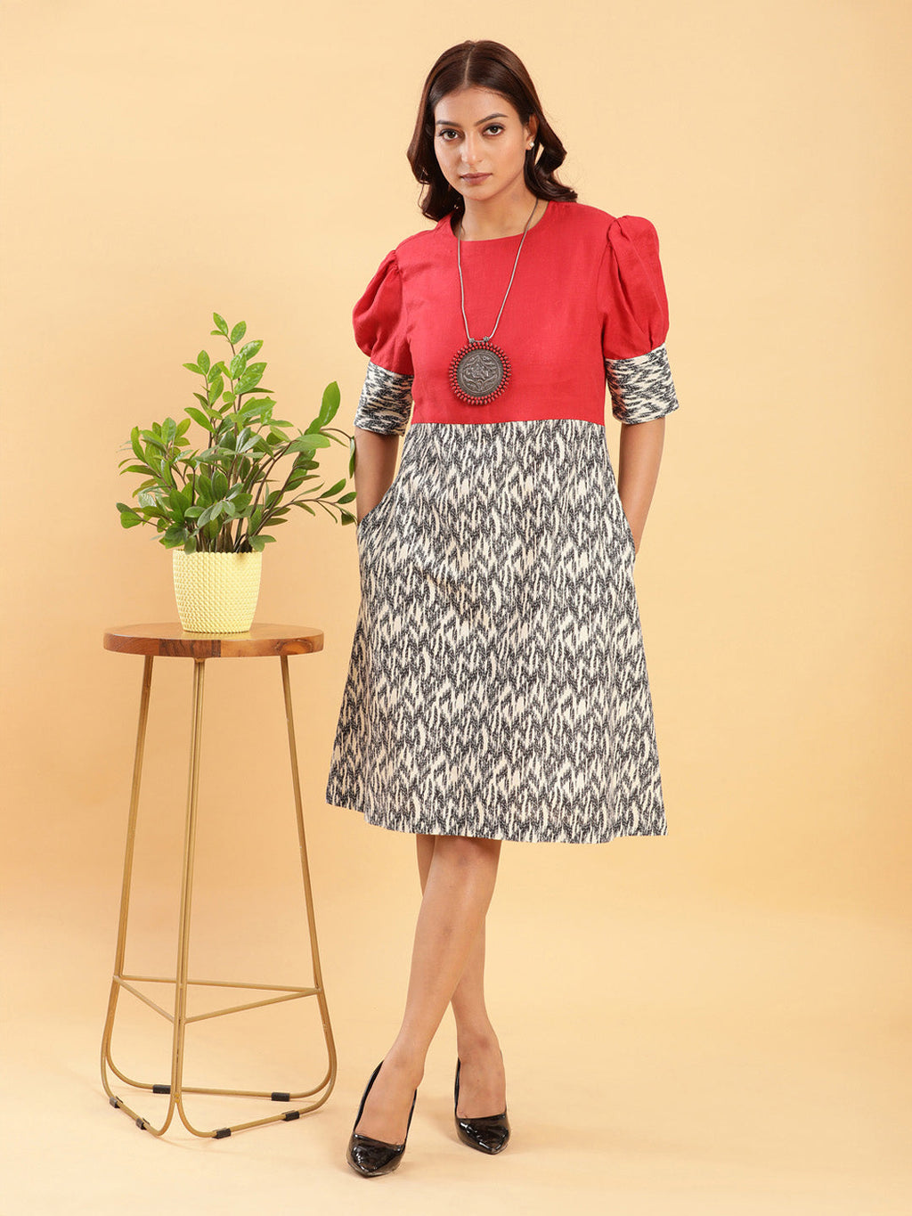 BohoJazz Fusion Ikkat and Red Linen Sheath Dress | Grocsy