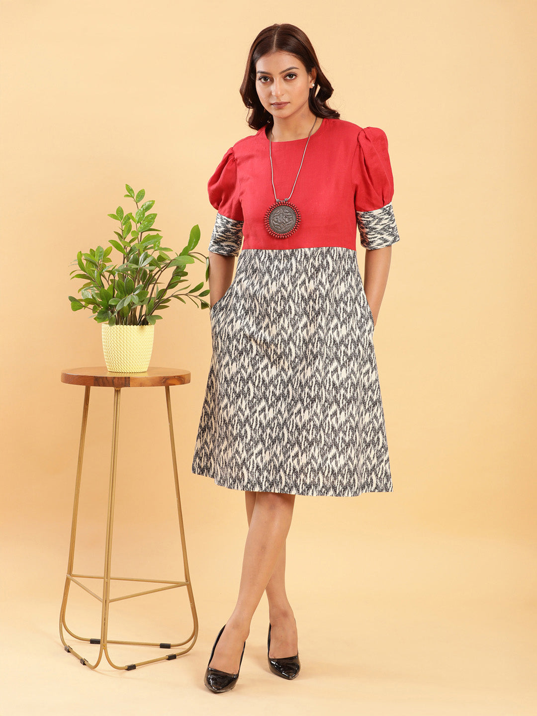 BohoJazz Fusion Ikkat and Red Linen Sheath Dress | Grocsy