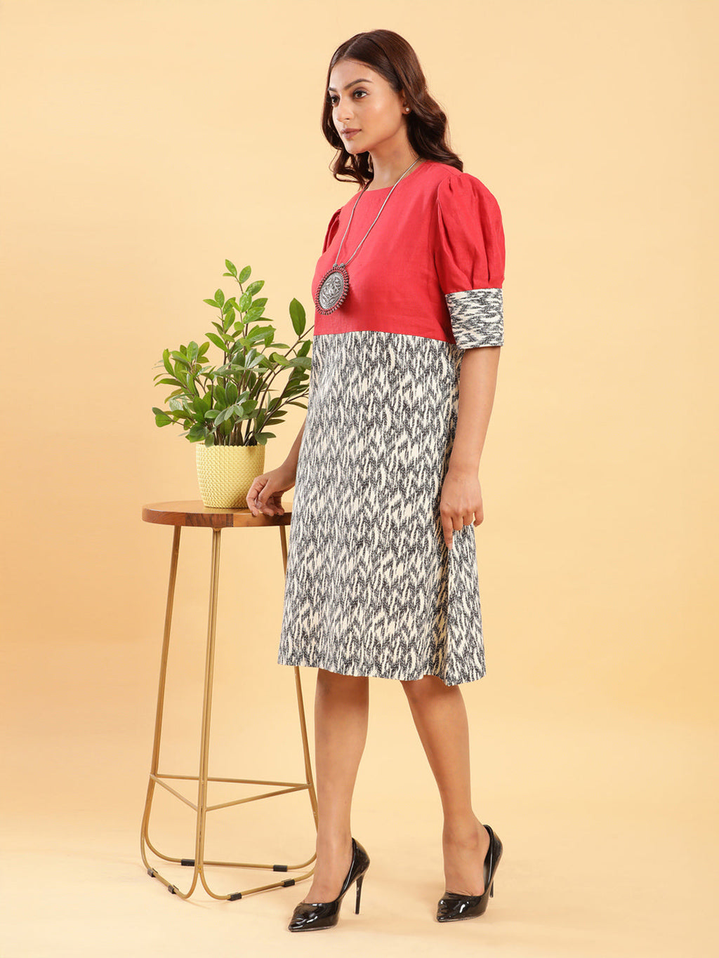 BohoJazz Fusion Ikkat and Red Linen Sheath Dress | Grocsy