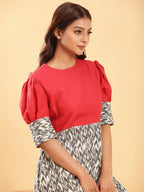 BohoJazz Fusion Ikkat and Red Linen Sheath Dress | Grocsy
