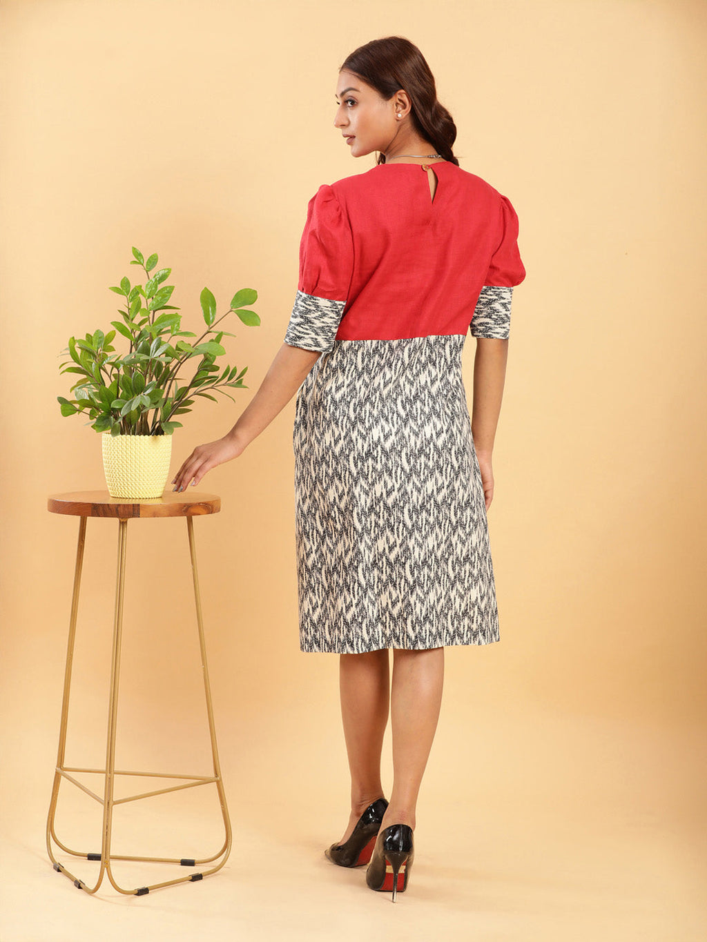 BohoJazz Fusion Ikkat and Red Linen Sheath Dress | Grocsy