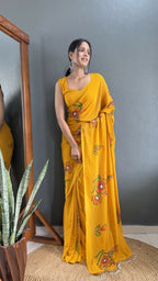 Aayaa Designer 1 min Hand Painted Ready to Wear saree - Mustard Yellow | Grocsy
