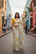 Teeya Creation Cream Rangoli Silk Embroidery Work Party Wear Designer Saree | Grocsy