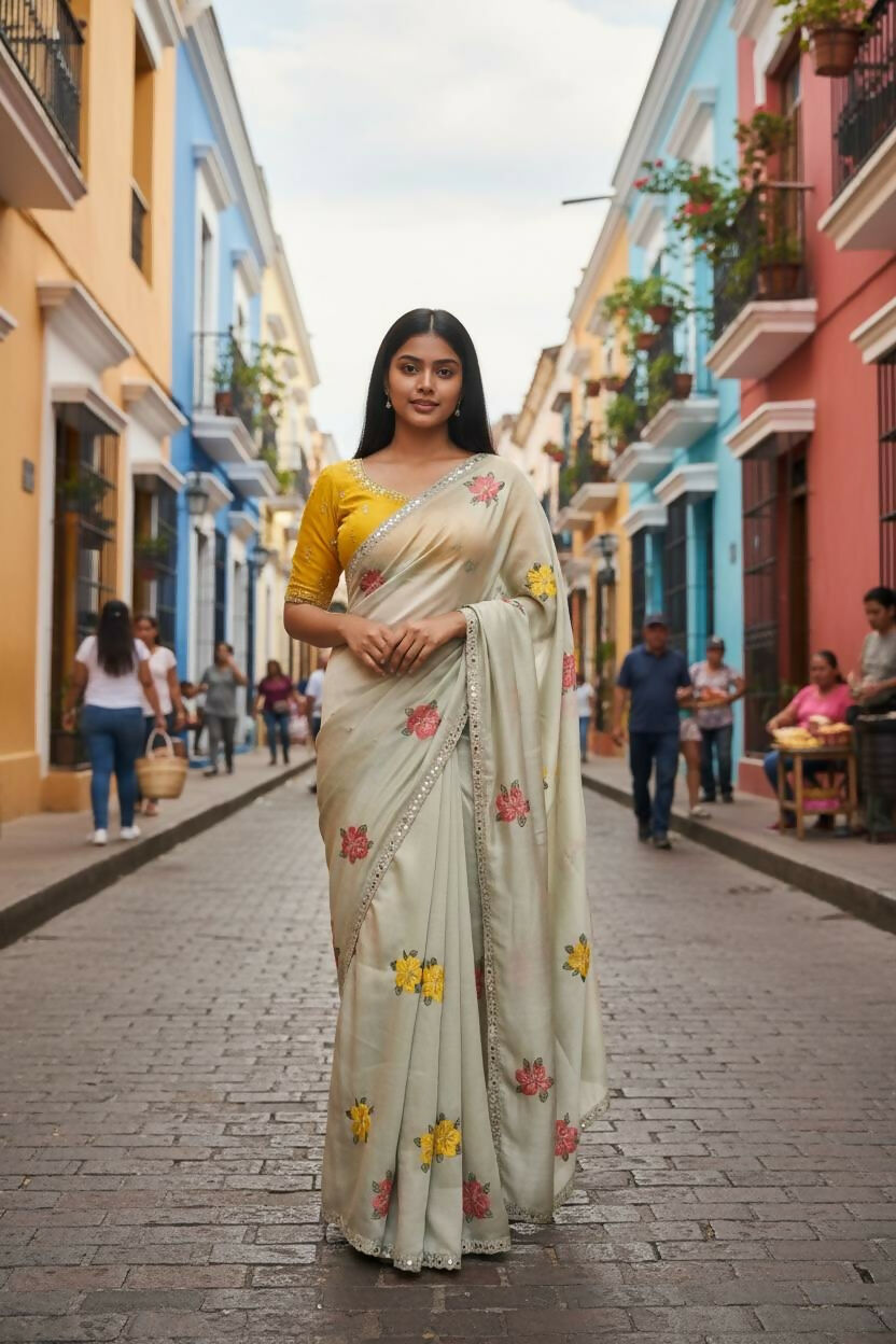 Teeya Creation Cream Rangoli Silk Embroidery Work Party Wear Designer Saree | Grocsy