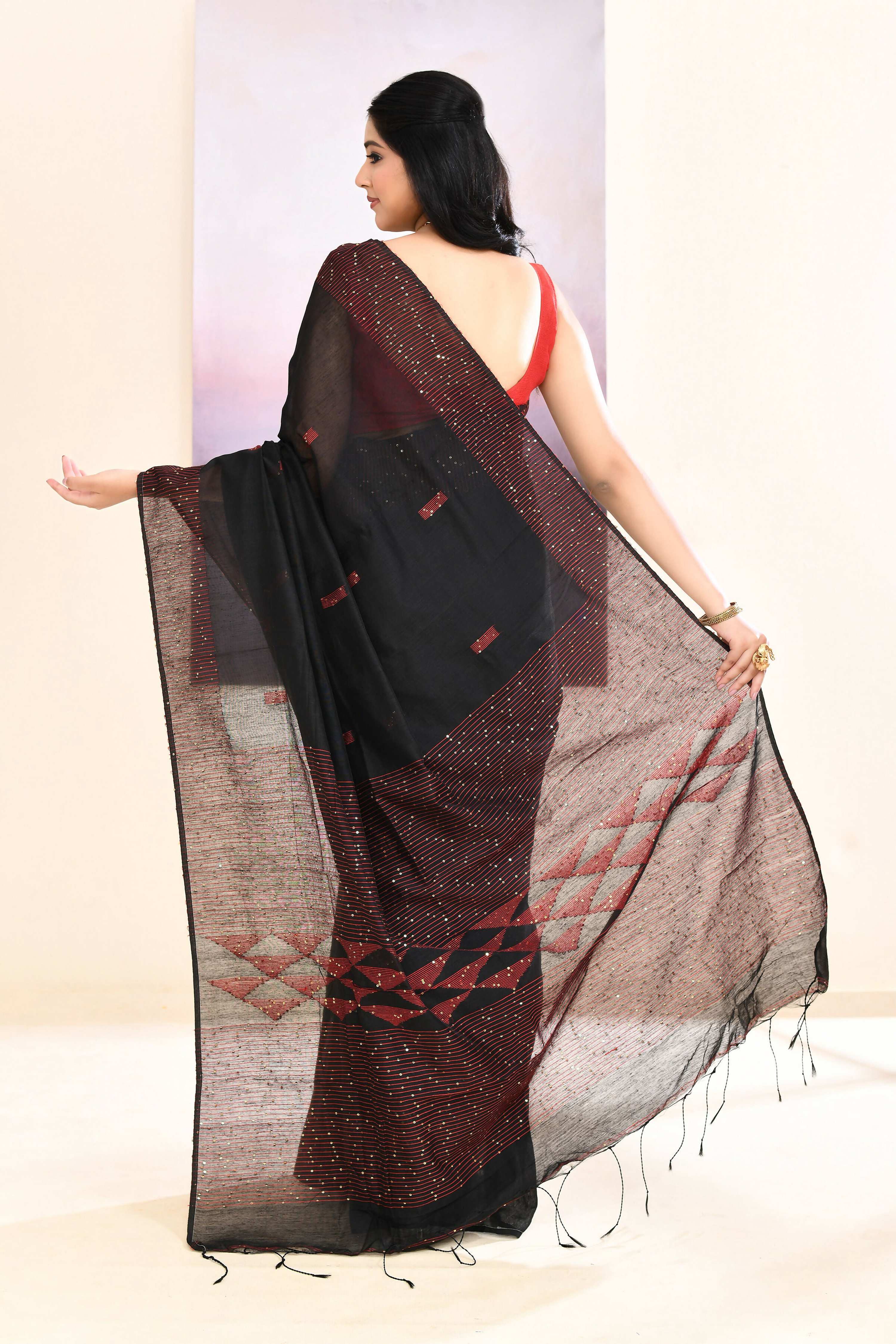 Piyari Fashion Women's Black Sequins Embellished Cotton Blend Jamdani Saree | Grocsy