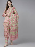 Yufta Women Pink Floral Print Aari Work Pure Cotton Kurta with Palazzo and Dupatta | Grocsy