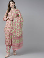 Yufta Women Pink Floral Print Aari Work Pure Cotton Kurta with Palazzo and Dupatta | Grocsy