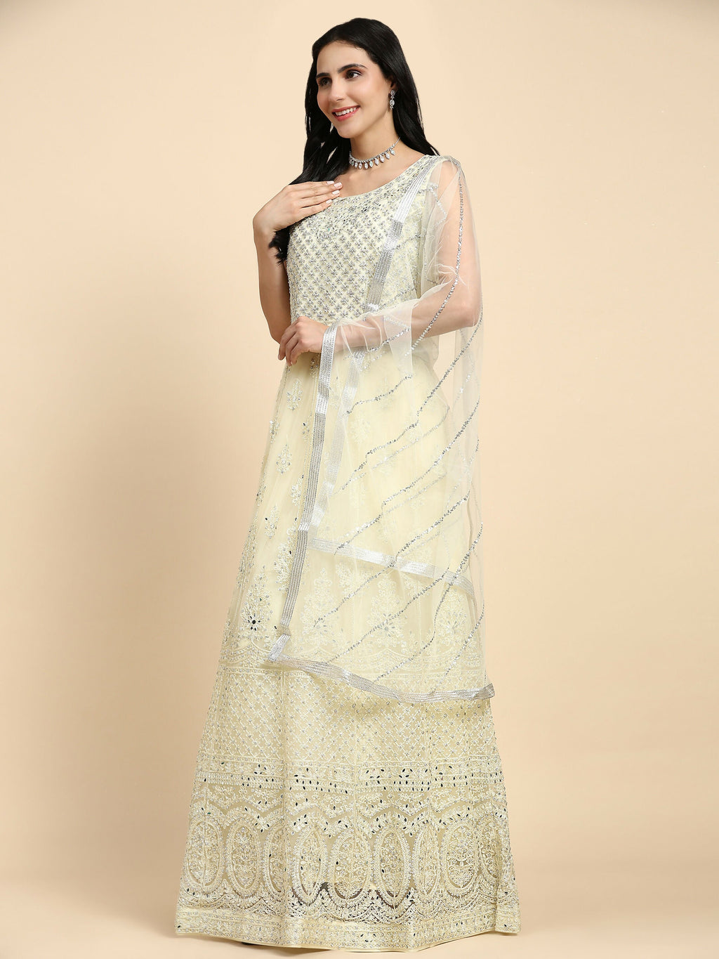 Yellow Net Hand Embroidered Gown - Rudrani | Grocsy
