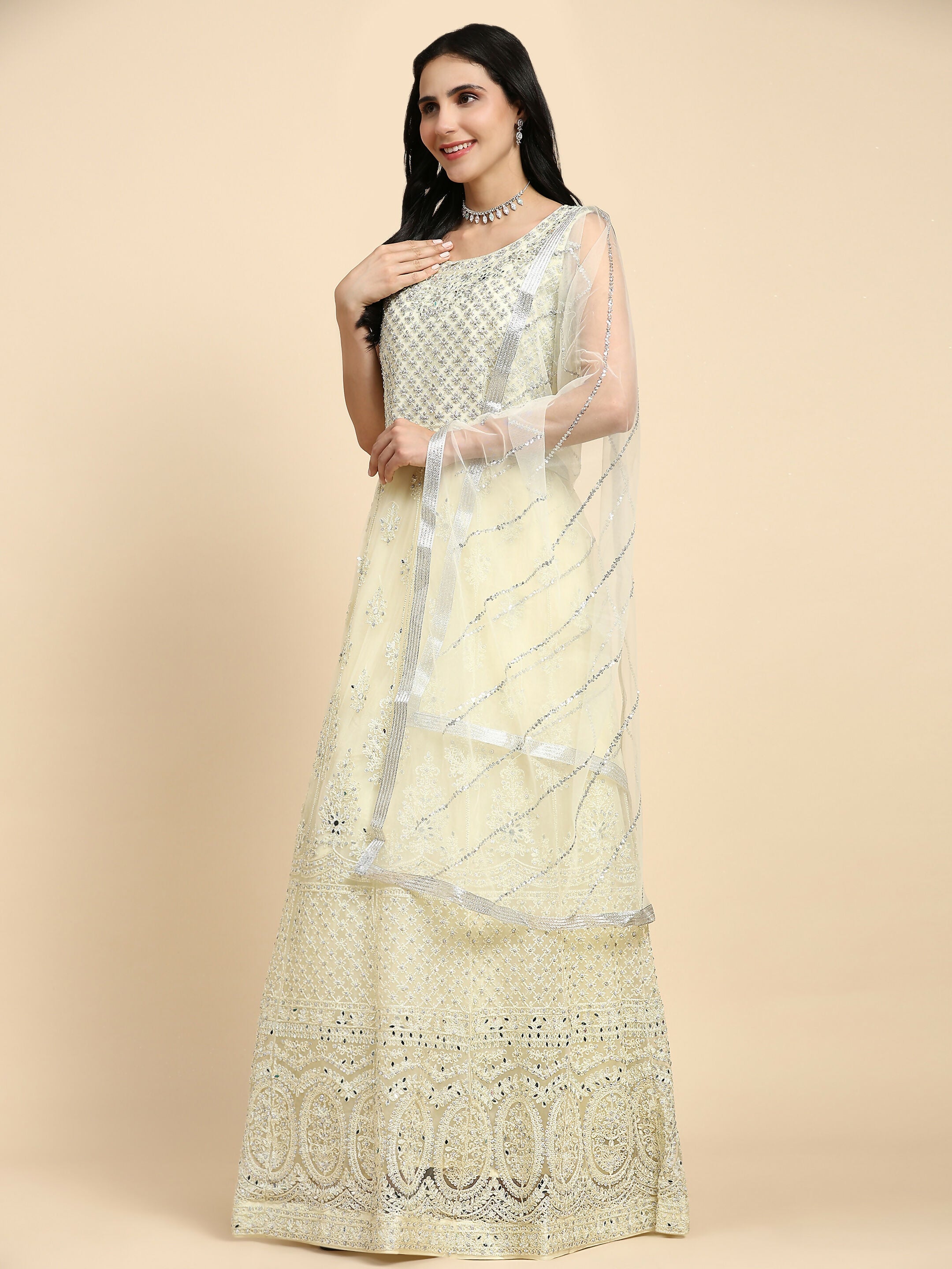 Yellow Net Hand Embroidered Gown - Rudrani | Grocsy