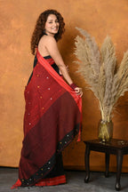 Very Much Indian Pure Cotton Handloom Saree with Buttis & Sleek Border - Black | Grocsy