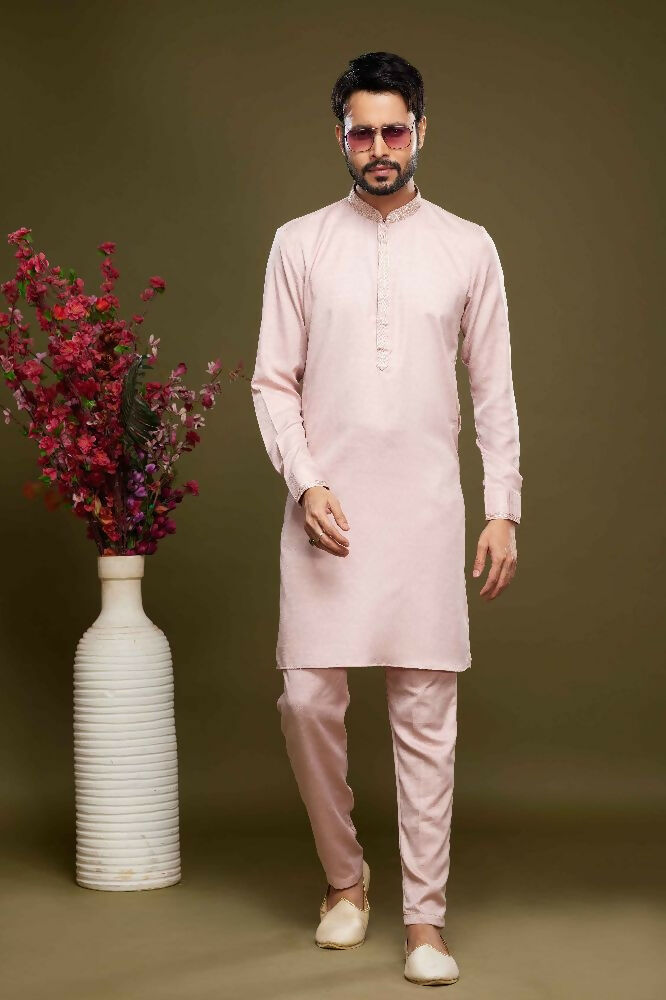 Raivat Ethnic Art Banarasi Silk Thread Work Kurta Pajama In Pink Colour | Grocsy