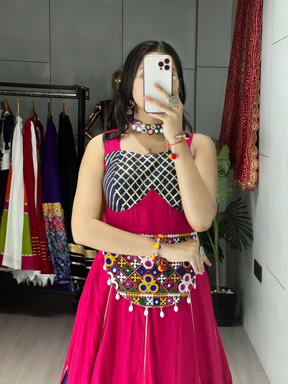 Yash Enterprise Gajari Navy Blue Rayon Cotton Embroidery Semi Stitched Navratri Top Chaniya Choli | Grocsy