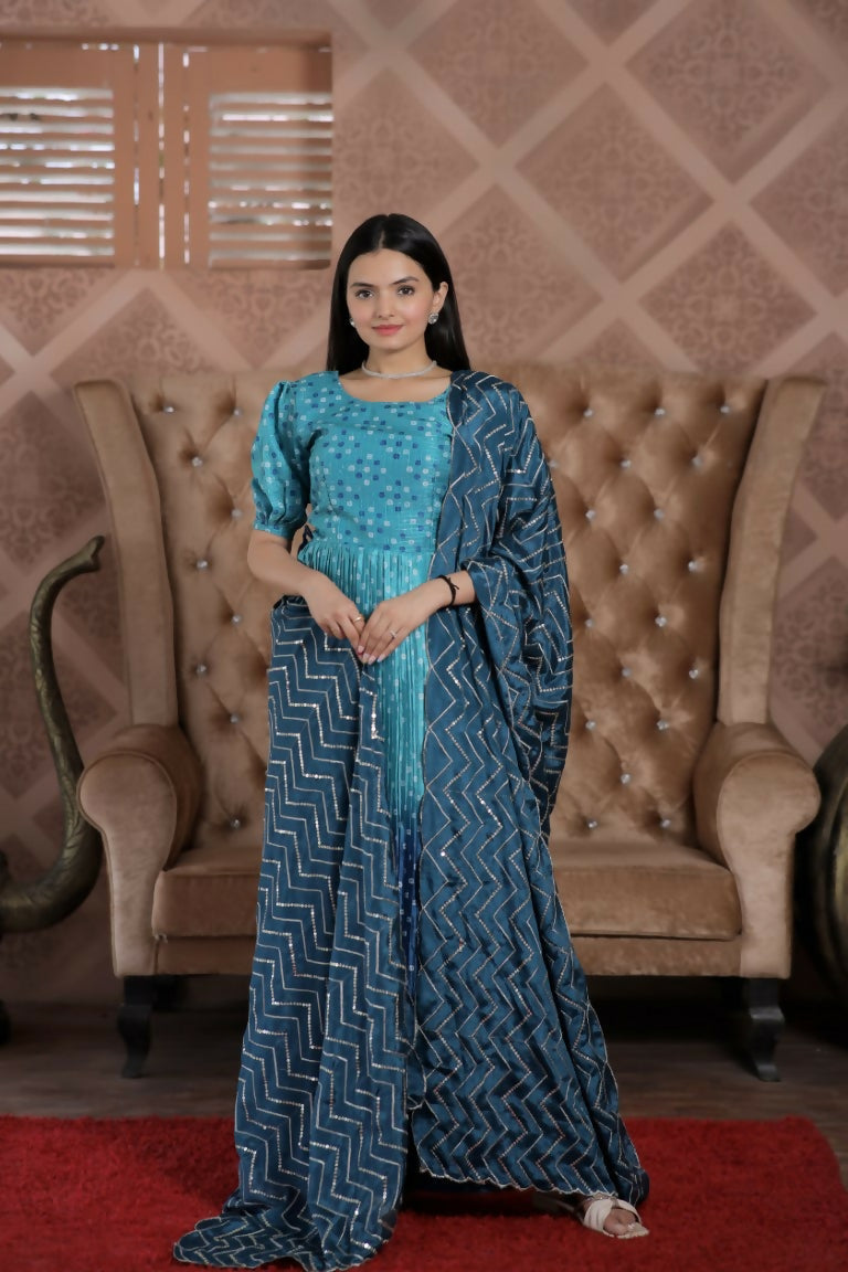 Jyoti Fashion Women's Blue Muslin Floral Print with Crush Pleating Kurta with Trouser & Dupatta | Grocsy