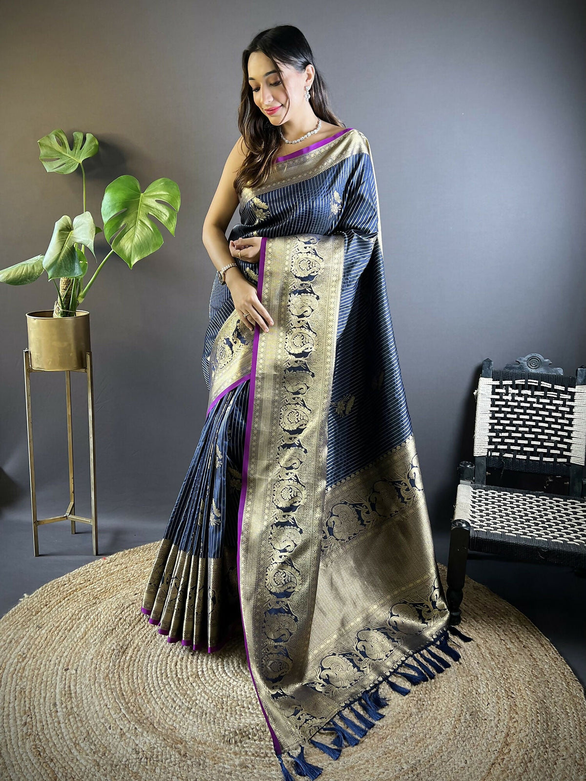 Joban Fashion Navy Blue Striped With Floral Motifs Soft Silk Leheriya Saree | Grocsy