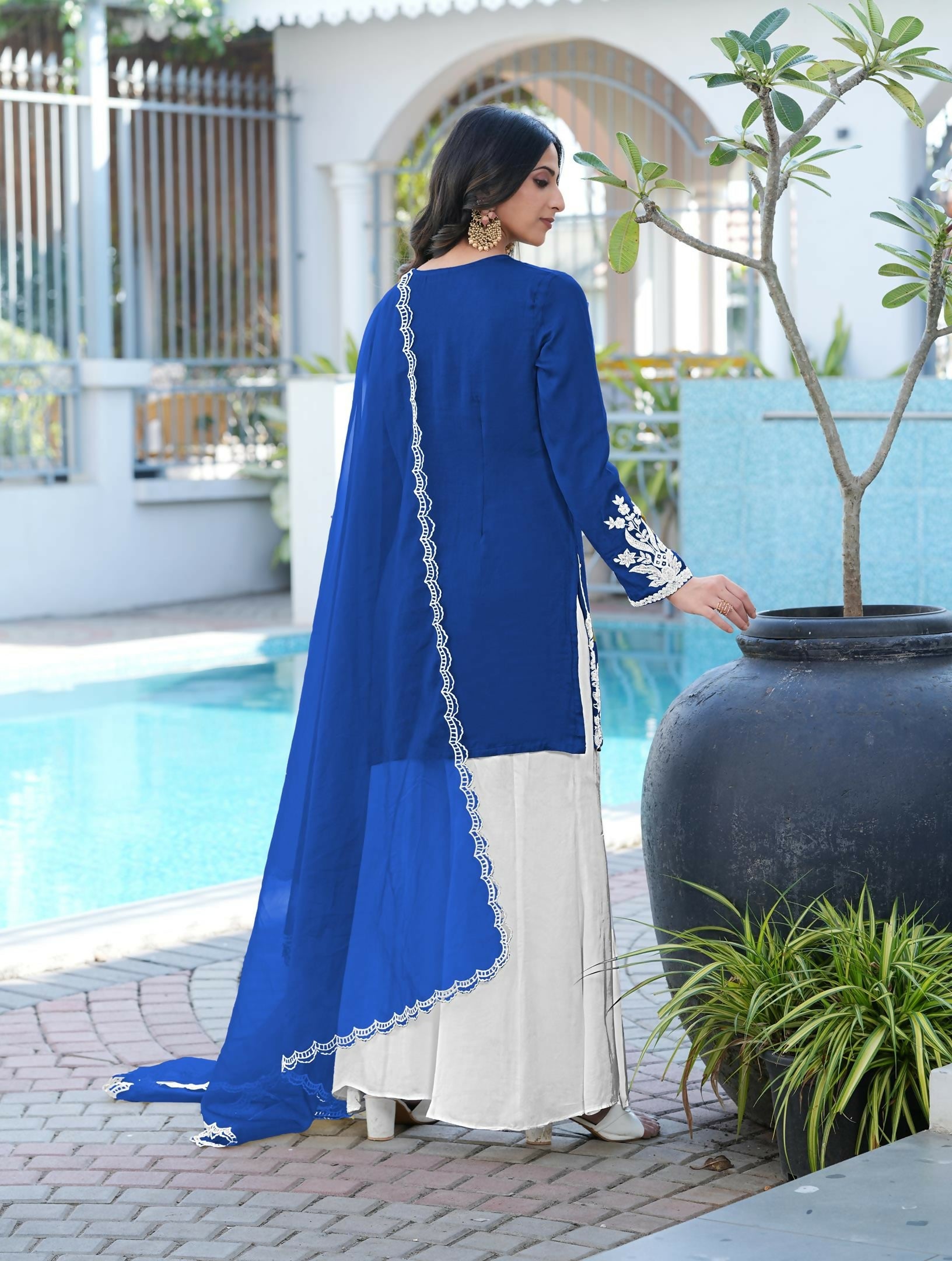 Nikhaar Royal Blue Embroidered Modal Silk Stitched Straight Cut Kurta Kalidar Palazzo Dupatta Readymade Suit | Grocsy
