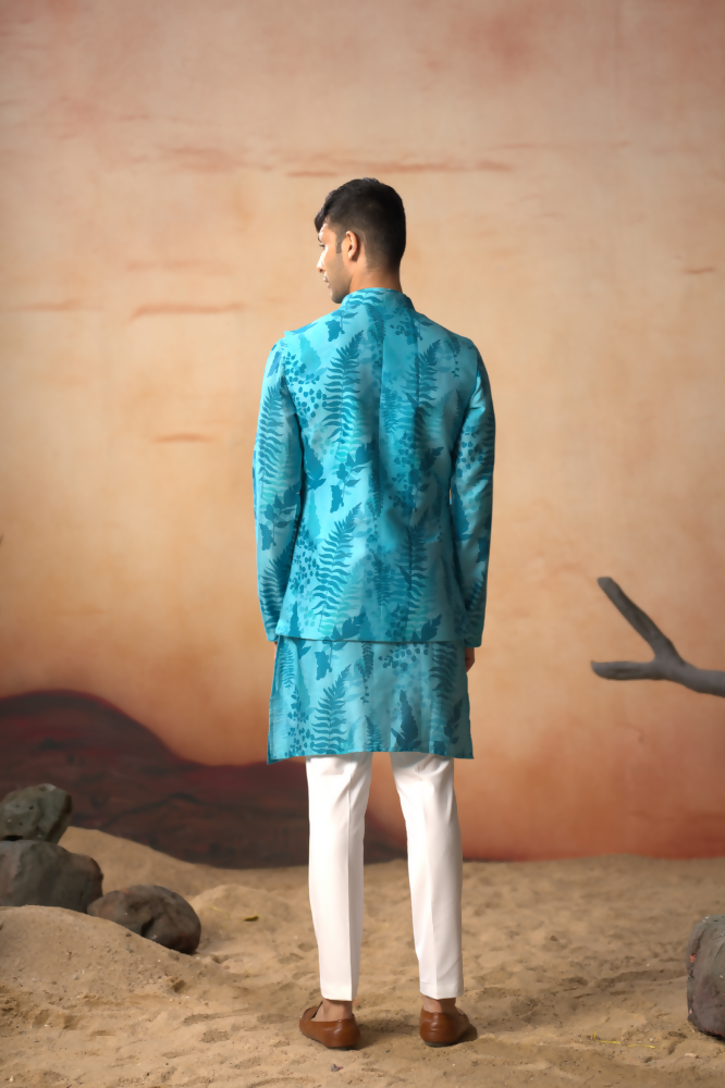Breezy Leaves Print Cotton Nehru Jacket Set by Hilo Design | Grocsy