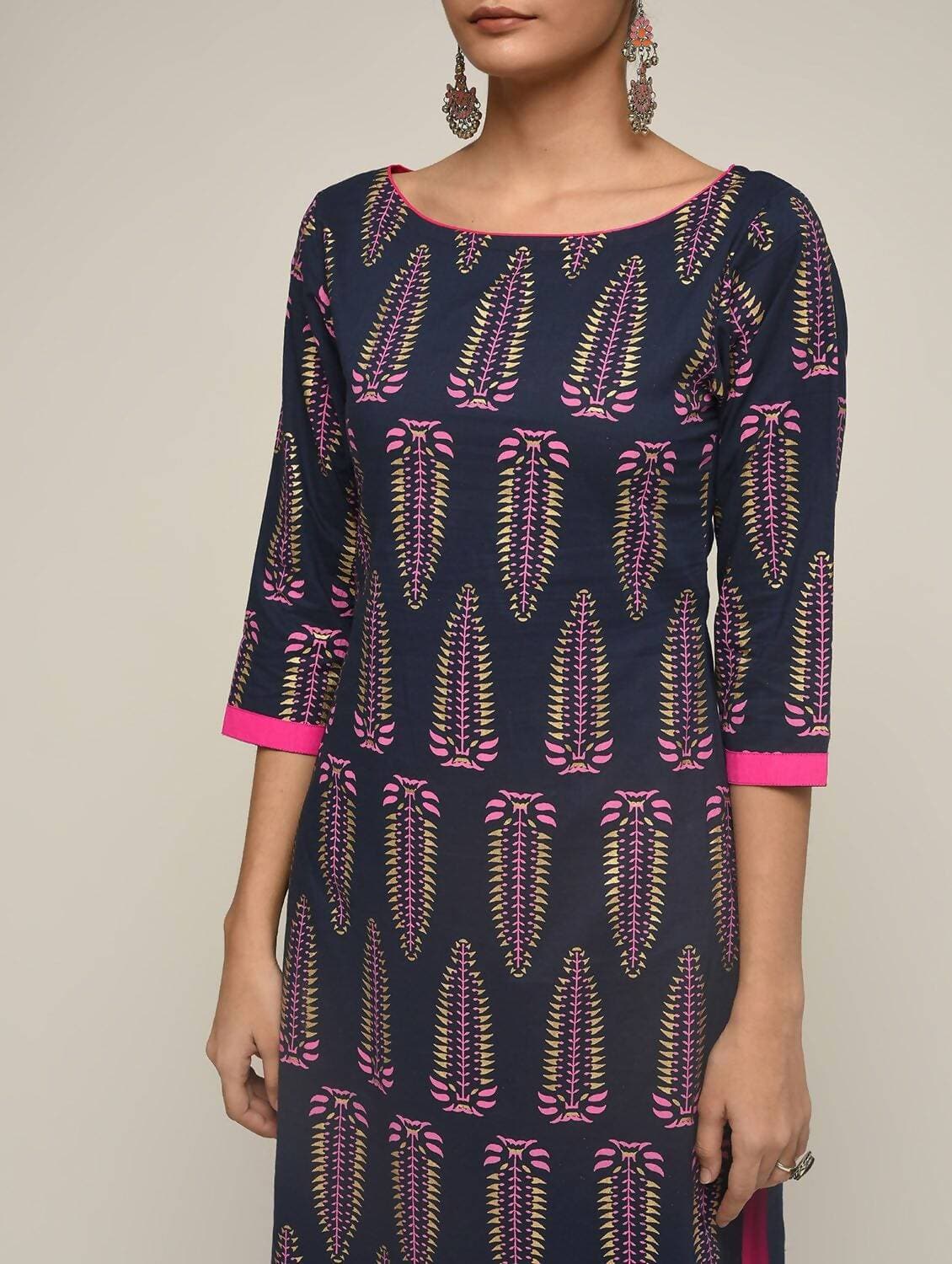 Cheera Hand Block Print Navy & Magenta Straight Kurta With Palazzo (MAAI-095K) | Grocsy