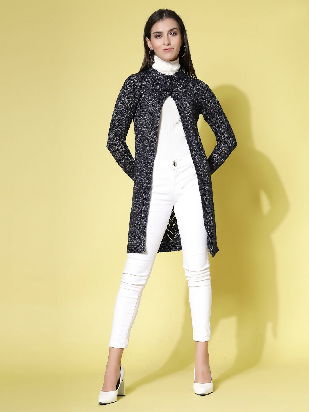 Women Self Design Long Navy Blue Acrylic Winter Shrug - Wool Trees | Grocsy