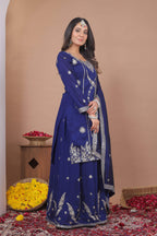 The52 Women's Gorgeous Embroidery Work Vichitra Blooming Fabric Straight Kurta Sharara and Dupatta Set-Blue | Grocsy