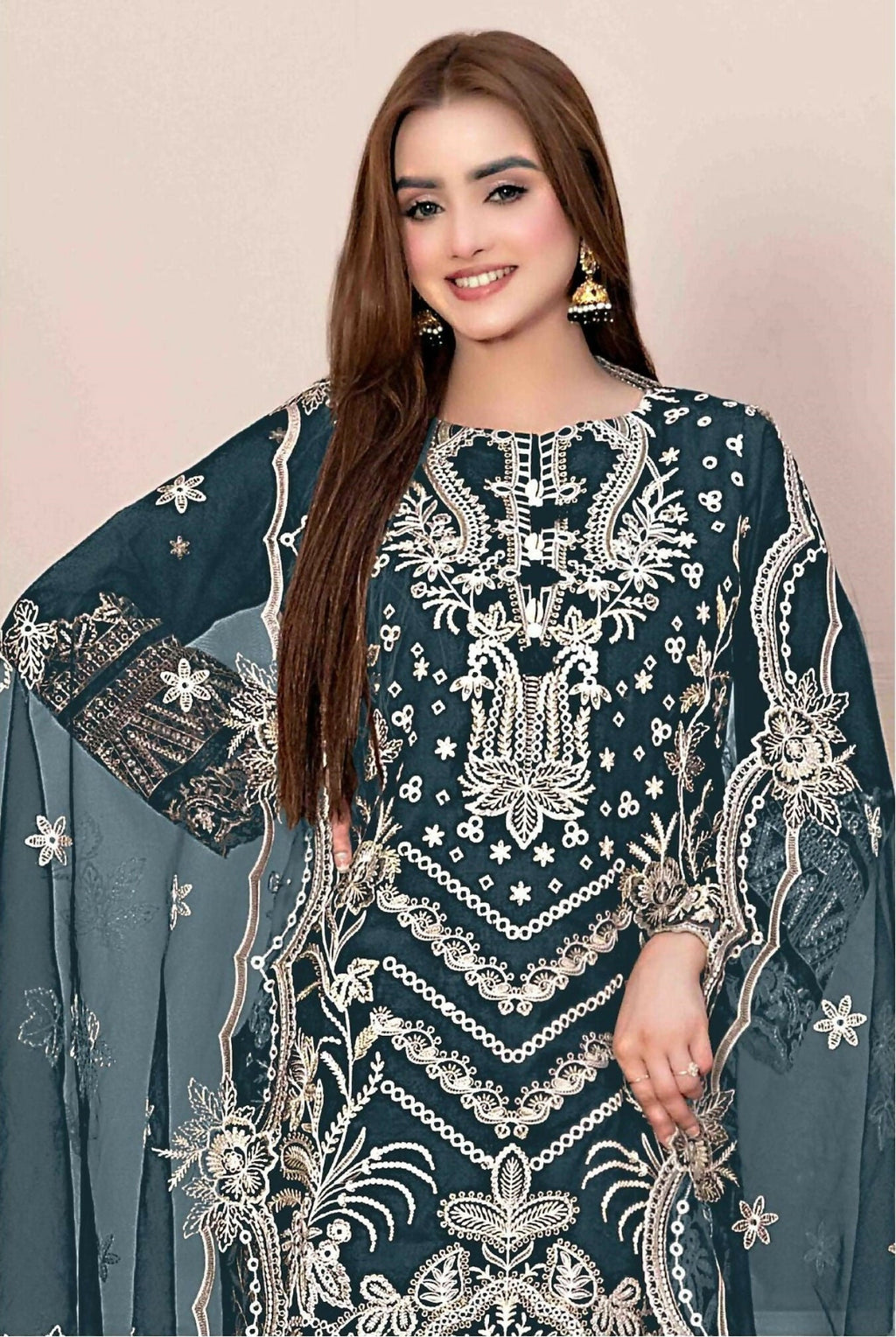 Anaita Teal Faux Georgette Stitched Suit with Embroidery Work | Grocsy