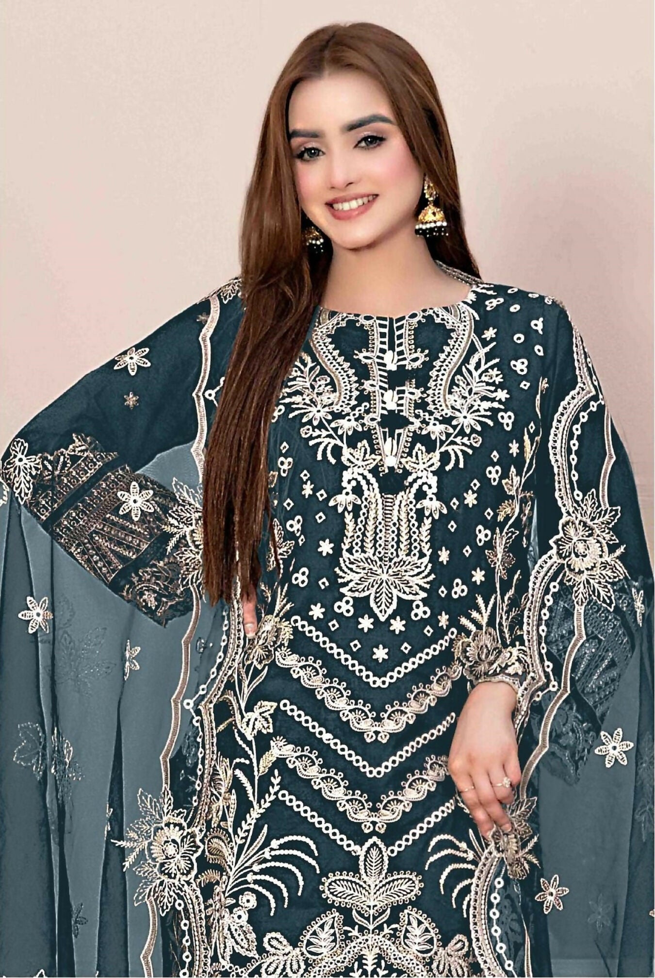 Anaita Teal Faux Georgette Stitched Suit with Embroidery Work | Grocsy